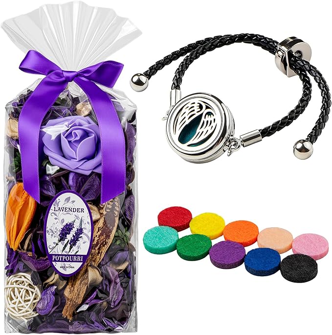 Potpourri Bags & Essential Oil Bracelet Set, Lavender Scented Potpourri Bowl Fillers for Home Decor + Aroma Diffuser Stainless Bracelet, Christmas, Mothers Day, Birthday Gifts for Women -Purple
