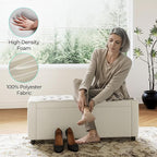 LINSY 50 Inches Wide Storage Ottoman Bench, Upholstered Foot Rest Stool, Long Bench Footstool, Couch Ottoman, Ottomans for Living Room, Entryway, End of Bed Storage Bench for Bedroom (Beige)