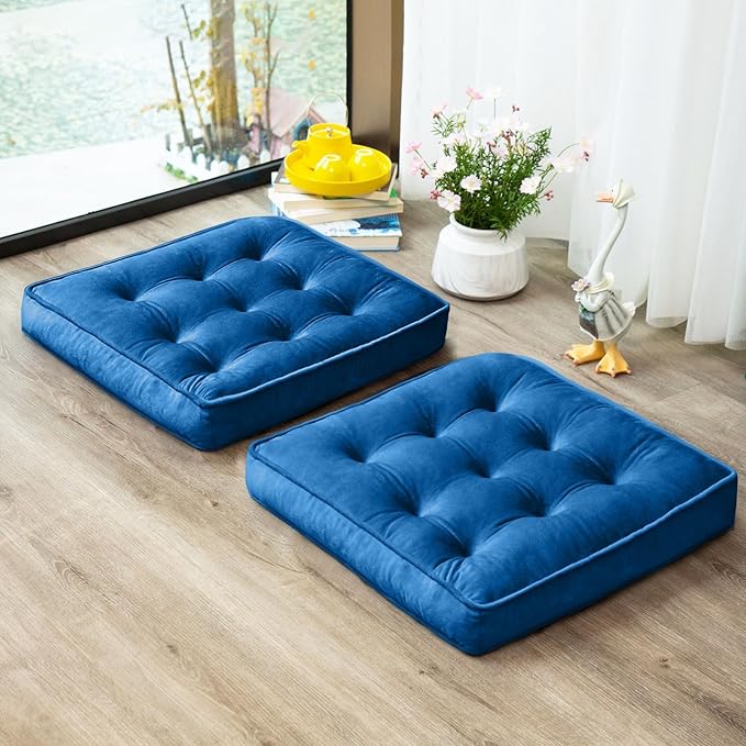 Floor Pillow Set of 2, Memory Foam Meditation Cushion, Floor Cushions for Adults Sitting, Large Square Seat Cushions for Yoga, Couch, Sofa, Kids, Living Room, 22x22 Inch (Navy Blue)