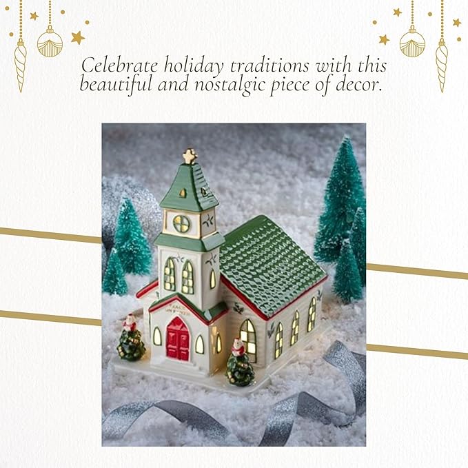Spode Christmas Tree Miniature Christmas Village Figural Decoration, LED Lighted Christmas Village Set, Ceramic Holiday Decor - Dolomite Christmas Collectible for Indoor Display (Church)