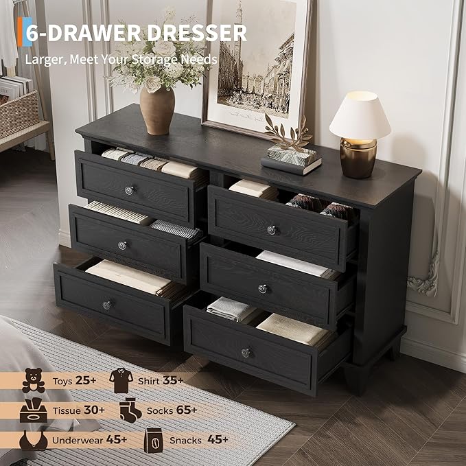 GarveeHome Farmhouse Black Dresser for Bedroom with 6 Drawer, Double Dresser TV Stand with Vintage Handle, Wide Wood Dressers & Chests of Drawers, 6 Drawer Dressers for Bedroom, Living Room, Hallway