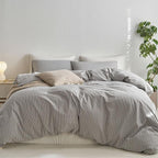 MooMee Striped Duvet Cover Set 100% Washed Cotton Linen Like Textured Breathable Durable Soft Comfy (Light Grey White Wide Stripes, Cal King 104"x98")