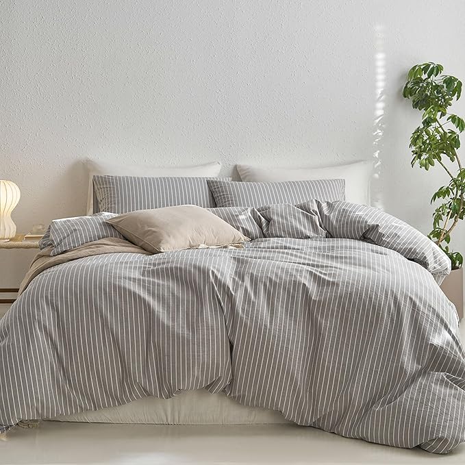 MooMee Striped Duvet Cover Set 100% Washed Cotton Linen Like Textured Breathable Durable Soft Comfy (Light Grey White Wide Stripes, Twin 68"x90")