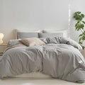 MooMee Striped Duvet Cover Set 100% Washed Cotton Linen Like Textured Breathable Durable Soft Comfy (Light Grey White Wide Stripes, Super King Plus 120"x120")