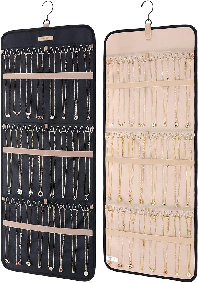 BAGSMART Hanging Necklaces Organizer Jewelry Holder Storage Roll with Hanger Metal Hooks Double-Sided Jewelry Organizer for Necklaces, Bracelets on Closet, Wall, Door, 1 piece, Large Black
