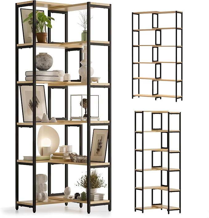 6 Tier Corner Shelf/Bookshelf, Deformable L Shaped Bookcase, Modern Tall Storage Display Rack with Sturdy Metal Frame for Home Office (Natural Wood Color)