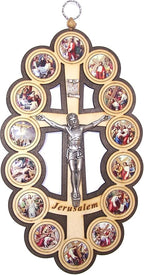 Holy Land Market Two colors/tones wooden Crucifix - icon showing 14 Stations of the Cross from Bethlehem (14 Stations Cross/Crucifix, 10 Inches)