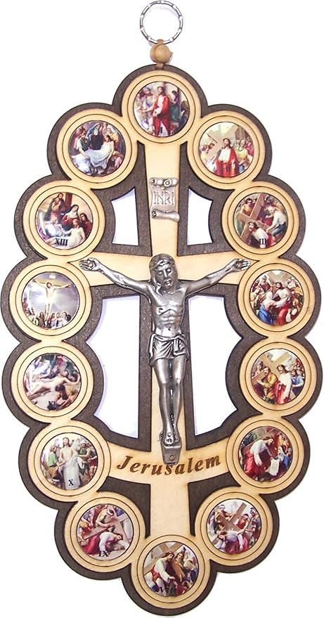 Holy Land Market Two colors/tones wooden Crucifix - icon showing 14 Stations of the Cross from Bethlehem (14 Stations Cross/Crucifix, 10 Inches)