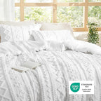 Bedsure Tufted Boho Comforter Set Oversized Queen - Bright White Boho Bed Set, GentleSoft™ 3 Pieces Farmhouse Shabby Chic Embroidery Bedding, Gifts for Woman, Soft Jacquard Comforter for All Seasons