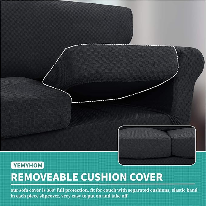 YEMYHOM Latest Checkered 4 Pieces Couch Covers for 3 Cushion Couch High Stretch Thickened Sofa Cover for Dogs Pets Elastic Slipcovers Living Room Furniture Protector (Black), 71"-91"(3 Cushions)