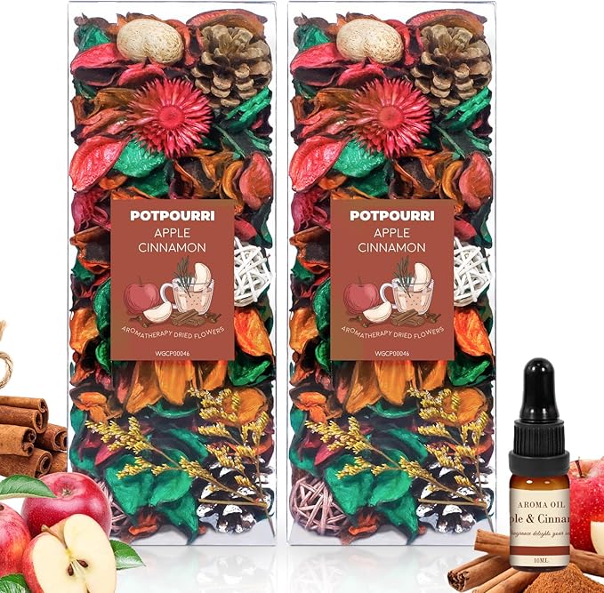 SCENTORINI Potpourri Bags, Potpourri Vase Filler, 10.44 oz Apple Cinnamon Scented Bowl Fillers with Essential Oil for Home Decor, Dried Flower for Coastal Bathroom Beach Decor