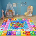 USA Map ABC Kid Rug for Playroom 110"×78.7"Geography Classroom Play Rug Educational Baby Playmat State Symbols, ABC Letters, Numbers, Seasons&Shapes Fluffy Ployester Non-Slip Preschool Nursery Rug