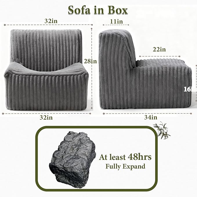 Trenda 32'' Boneless Chair, Super Comfy Bedroom Accent Chair, Sofa Chair, Soft Faux Fur Cover Floor Couch for Living Room,College, Dorm to Reading& Gaming(Grey)