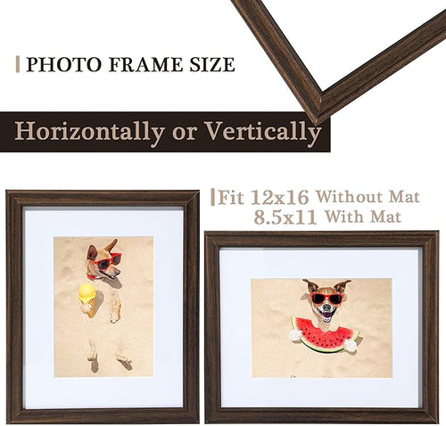 12x16 Picture Frame Walnut, 12 x 16 Wooden Frame for Wall with Real Glass, 8.5x11 Frames with Mat or 12x16 without Mat, Rustic Frame 12"x16" Art Frame Perfect for Gifts