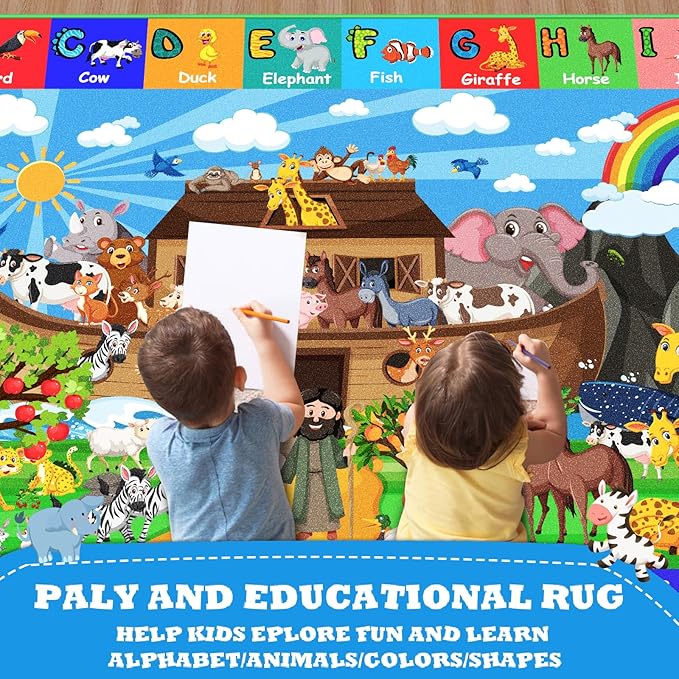ABC Kids Rug for Playroom 78.7×59 in Noah's Ark Animals Rug Baby Play Mat Alphabet Playmat Shape Color Classroom Carpet Kids Playroom Early Learning Carpet for Preschool Toddlers Tummy Time