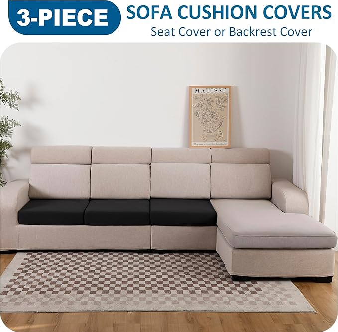 Waterproof Couch Cushion Covers 3 Seater Covers, Stretch Individual Sofa Seat Covers, Reversible Couch Furniture Protector for Pets(3-Piece Sofa Cushion Cover, Black)