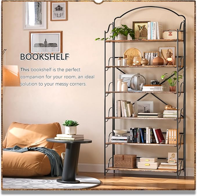 4NM No Assembly Extra Wide Folding Bookshelf for Living Room, 6 Tiers Collapsible Book Shelves Open Industrial Foldable Bookcase Storage Shelf for Home Office - Rustic Brown Black