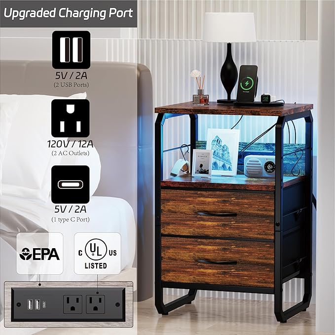 LED Nightstand, Bed Side Table with Storage, End Table with Drawers & Hooks, Bedside Table with Charging Station, AC Outlets, USB C Ports, Rustic Brown Night Stand Table for Living Room, Dorm