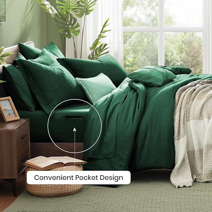Monbix King Size Comforter Set, Emerald Green King Bedding Set Reversible, King Comforter Set 7 Pieces, Cationic Dyeing Bed in a Bag with Comforter, Sheets, Pillowcases & Shams