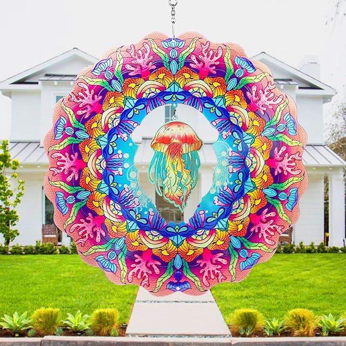 Wind Spinner Outdoor Metal Jellyfish 12inch 3D Stainless Steel Garden Sculpture 3D Wind Spinner Hanging Yard Garden Decor Gifts Indoor/Outdoor Décor