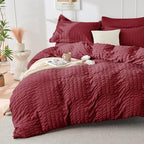 HYMOKEGE Burgundy King Size Comforter Set Seersucker 7 Pieces, All Season Luxury Bed in a Bag for Bedroom, Bedding Set with Comforters, Sheets, Pillowcases & Shams