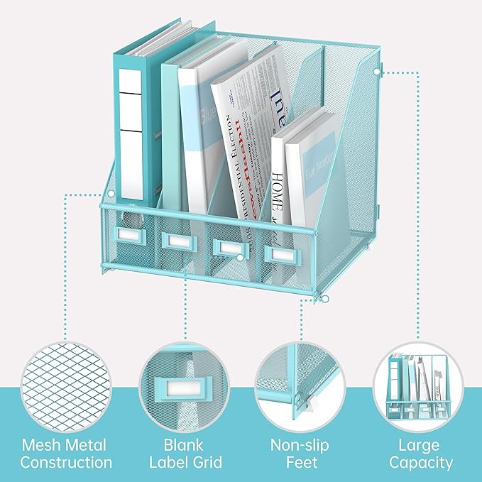 SUPEASY Magazine File Holder Desk Organizer, Metal Binder Holder with 4 Vertical Compartments for Office Home School, Blue