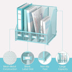 SUPEASY Magazine File Holder Desk Organizer, Metal Binder Holder with 4 Vertical Compartments for Office Home School, Blue