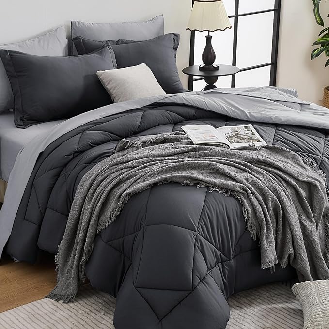 HEVUMYI Full Comforter Set - 7-Piece All Season Bed in a Bag Full, Ultra Soft Bedding Set with Comforter, Flat Sheet, Fitted Sheet, Pillowcases, Pillow Shams, Dark Grey & Light Grey