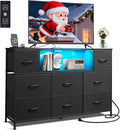 WLIVE Black Dresser TV Stand for 45, 50, 55 inch TV, Entertainment Center with LED Lights & Charging Station, Chest of Drawers with 8 Fabric Drawers and Open Shelves for Living Room, Hallway, Wood Top