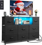 WLIVE Black Dresser TV Stand for 45, 50, 55 inch TV, Entertainment Center with LED Lights & Charging Station, Chest of Drawers with 8 Fabric Drawers and Open Shelves for Living Room, Hallway, Wood Top