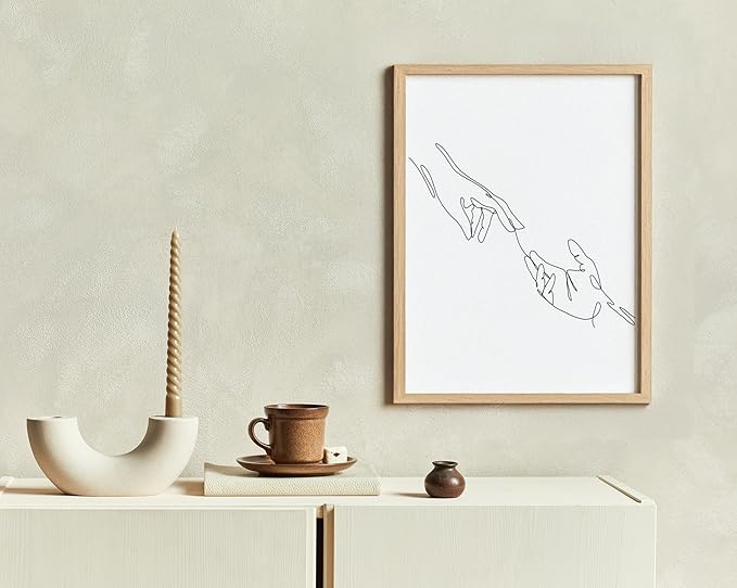 Minimalist Reaching Hands Wall Art Continuous Line Drawing Connection Symbol 11x14 Inch Oak Wood Beige Framed Aesthetic Modern Decor Print for Bedroom Living Room