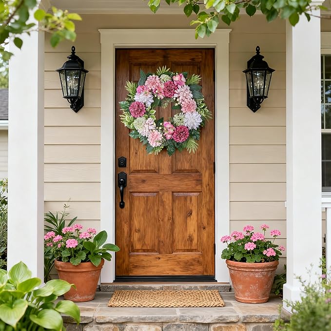24-Inch Spring Wreath for Front Door with Hydrangeas Dahlias Daisy Silk Flowers and Berry Greenery for All Seasons Indoor Outdoor Wedding Farmhouse Porch Wall Living Room Home Wedding Decor