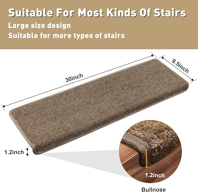 PURE ERA Bullnose Carpet Stair Treads Set Tape Free Non-Slip Indoor Stair Protectors Pet Friendly Rugs Covers Soft Skid Resistant Washable Reusable 9.5" x 30"(7 Pieces, Camel Brown)