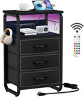 Bed Side Table with 3 Fabric Drawers, Black Night Stand, LED Nightstand with Hooks, Bedside Table with Charging Station, End Table with Storage, Night Table for Living Room, Bedroom, Dorm