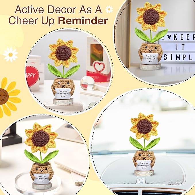 Gossby Handmade Positive Sunflower Doll Crochet with Card - Thank You for Helping Me Grow - Teacher Appreciation Gift from Student - Christmas, Birthday, Graduation, Thank You Gift for Teacher