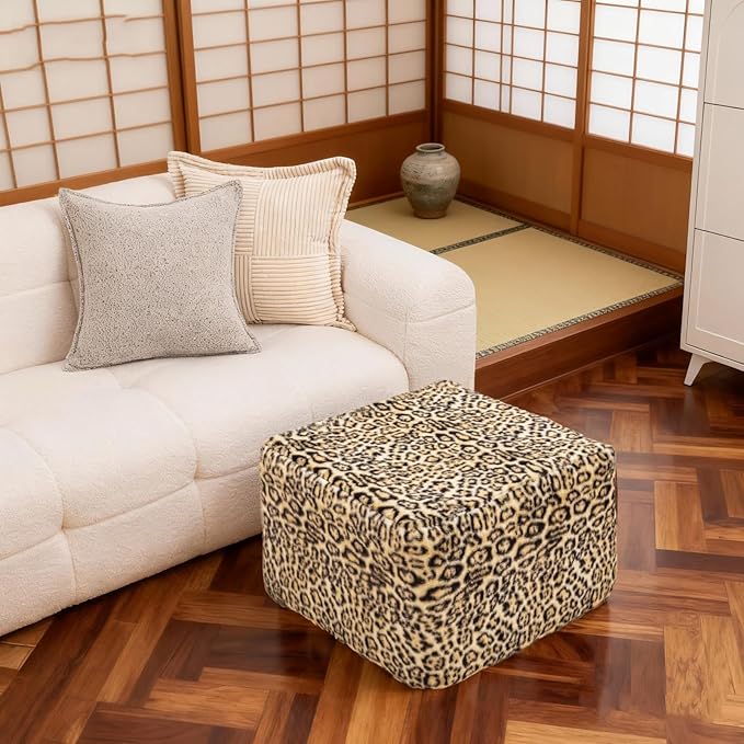 20x20x14 Inches Fluffy Square Pouf Ottoman - Plush Furry Ottoman Foot Rest Stool with High-Density Foam, Versatile Floor Seating for Living Room (Leopard Print)