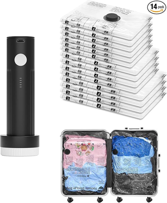 SUOCO Travel Vacuum Bags with Portable Electric Pump, 14 Combo (4L/4M/6S) Compression Packing Seal Cubes for Clothing Suitcase Luggage Organizer, Space Saver Clothes Storage Bags