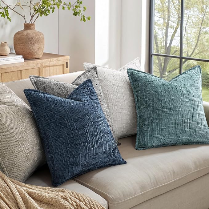 decorUhome Chenille Throw Pillow Covers 16x16 Set of 2, Thick Textured Slubby Neutral Decorative Pillow Covers with Elegant Design for Couch, Sofa, Living Room, Navy Blue