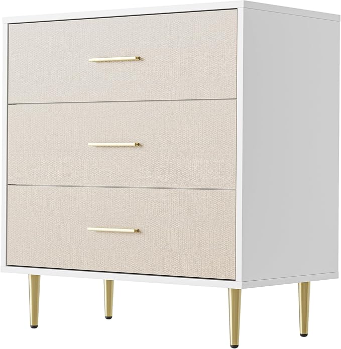 GAOMON White Dresser with Gold Handles,3-Drawer Wooden Nightstand & Narrow Accent Cabinet,Linen-Textured Modern Chest of Drawers for Living Room, Bedroom