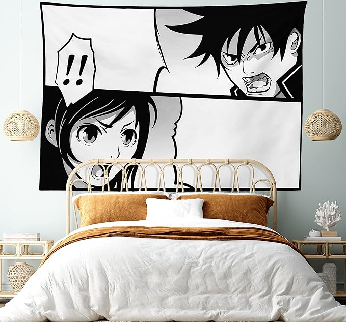 Ambesonne Anime Tapestry, Japanese Comics Strip Boy and Girl Fight Scene Manga Image Cartoon Print, Fabric Wall Hanging Decor for Bedroom Living Room Dorm, 28" X 23", Black White Grey