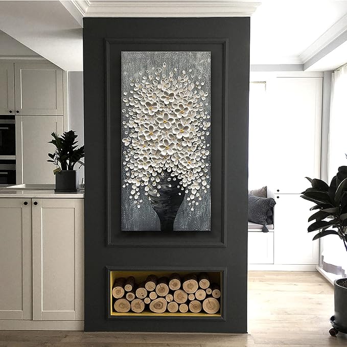 Epicler 20x40 Hand-Painted Painting for Wall Decoration, White Bouquet in vase, Home Wall Decoration.