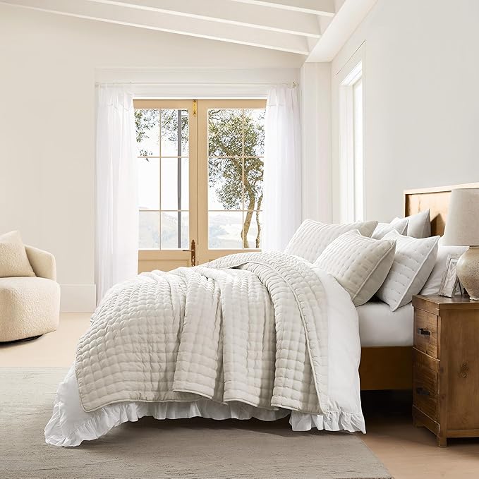 WDCOZY Ivory Queen Size Quilts Bedding Sets with 2 Pillow Shams, Lightweight Soft Bedspread Coverlet, Quilted Blanket Thin Comforter Bed Cover for All Season, 3 Pieces, 90x90 inches