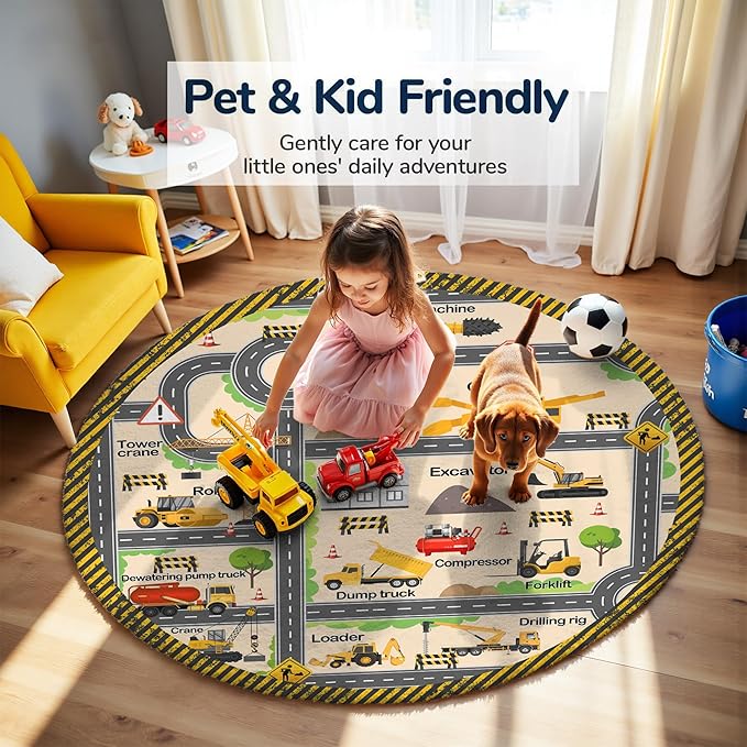 Construction Site Play Rug for Kids -3.3ft Round Interactive Engineering Vehicles Faux Wool Carpet with Excavator & Digger Design, Non-Slip Educational Mat for Playroom, Bedroom Gifts (Boys & Girls)