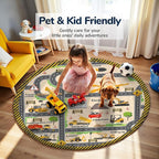 Construction Site Play Rug for Kids -3.3ft Round Interactive Engineering Vehicles Faux Wool Carpet with Excavator & Digger Design, Non-Slip Educational Mat for Playroom, Bedroom Gifts (Boys & Girls)