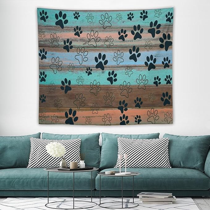 VUMIVI Dog Paw Print Tapestry Rustic Farmhouse Vintage Wood Paneling Home Decor Tapestry Wall Hanging for Living Room Bedroom Dorm Classroom Aesthetic Decor W60xL50in
