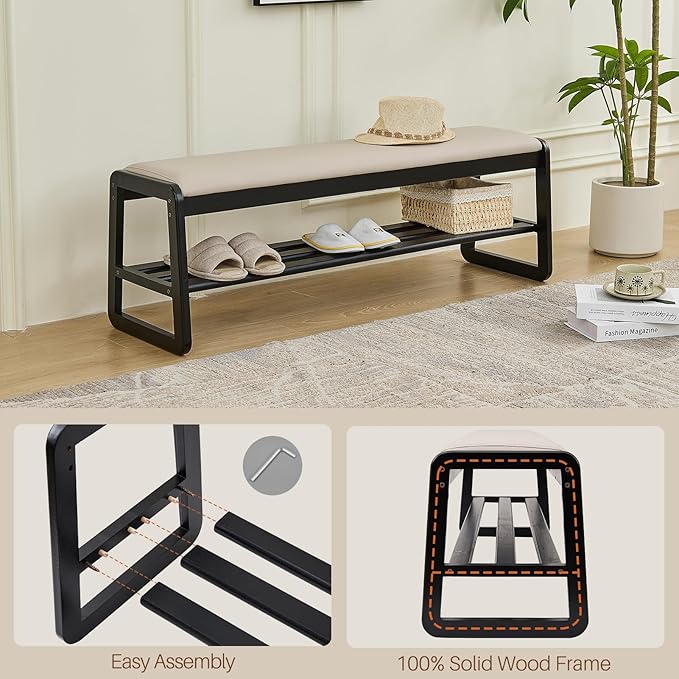 CozyDH Solid Wood Shoe Bench, Wooden Storage Entryway Bench 2-Tier, Mid-Century Shoe Rack Bench, End of Bed Bench with Leather Cushion, Ottoman Bench for Hallway Bedroom (Black 48")