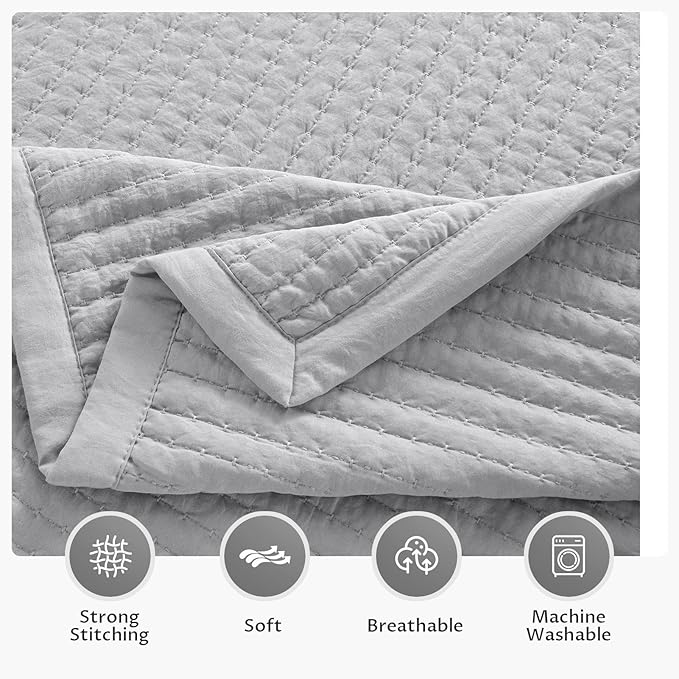 KASENTEX Queen XL Quilt Set 98"x98" – Soft Washed 3-Layer Lightweight Bedspread, Minimalist Nordic Design, All-Season Spring & Summer Quilt Set (1 Quilt + 2 Pillow Shams), Gull