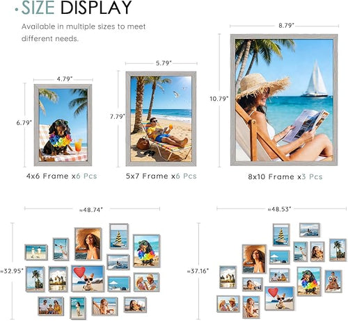 15 Pack Picture Frames Collage Wall Decor, Grey Frame Set with 3pcs 8x10, 6pcs 5x7, 6pcs 4x6 for Gallery Display, Wall Mounting & Tabletop, Bulk Photo Frames for Living Room Decor