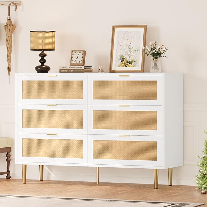 GarveeHome Rattan 6 Drawer Dresser, Modern Chest of Drawers with Gold Legs and Gold Handles, Wide Double Dresser with Large Tabletop and Anti-Tipping Design for Bedroom Living Room, White