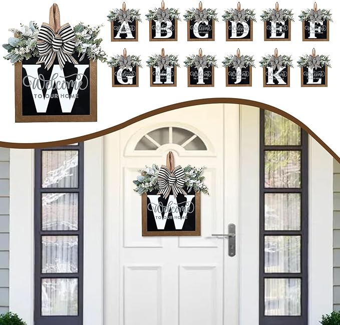 Ultra Large 14'' Last Name All Year Round Front Door Wreath with 26 Initial Letter Welcome Sign All Seasons Eucalyptus Garland and Bow Wreaths for Front Door Porch Farmhouse Decoration(W)